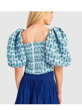 KOCH Puff Sleeve Tweed Top Square Neck Preppy Coastal Cowgirl Brunch NWT Small